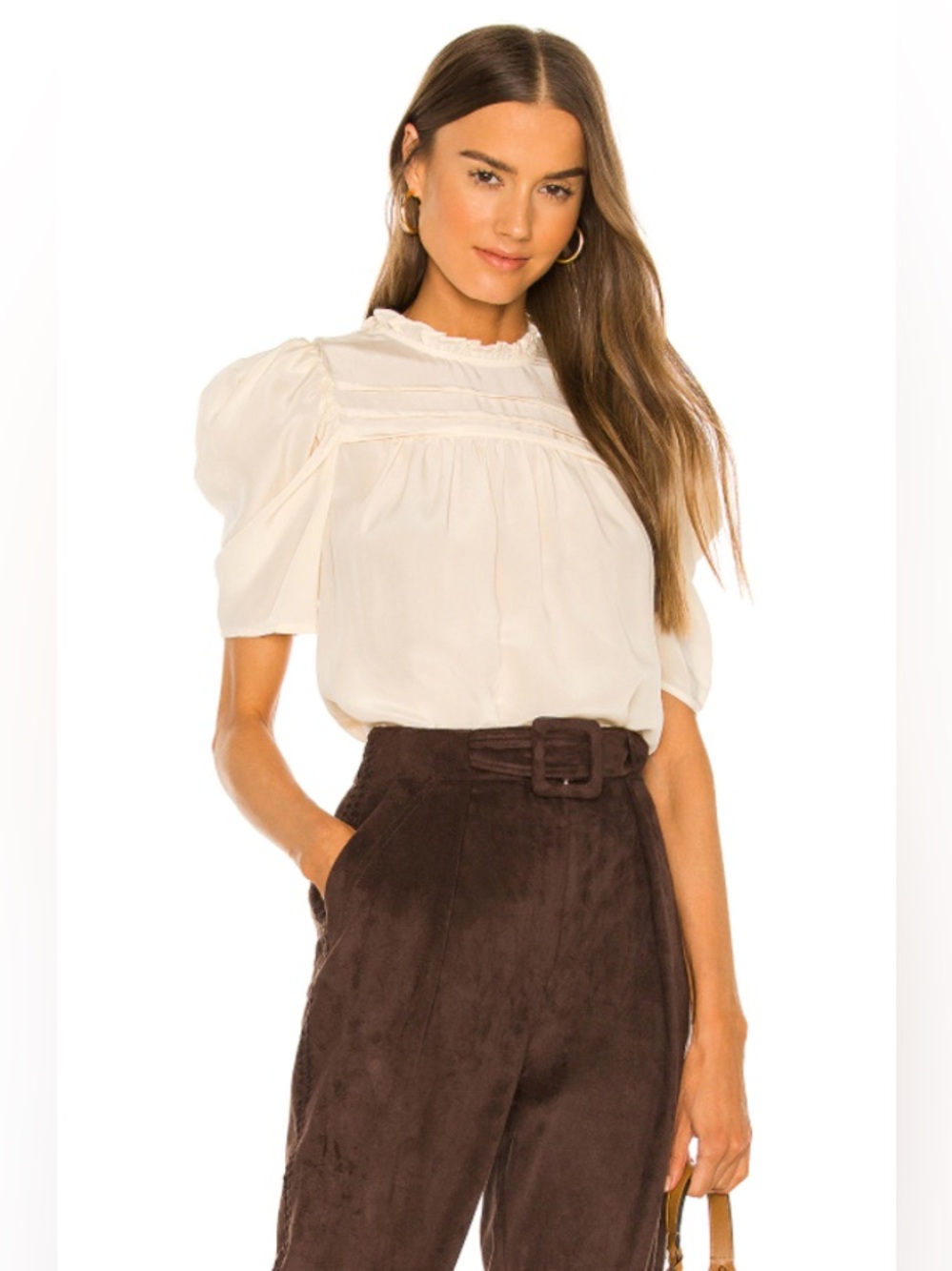 Ulla Johnson Lyla silk short puff sleeve pleated frill neck winter white cream 4